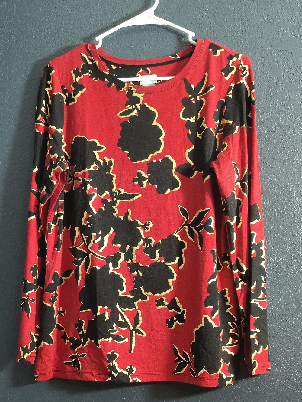 Chico's Red Long Sleeve Tee with Black and Gold Floral Print